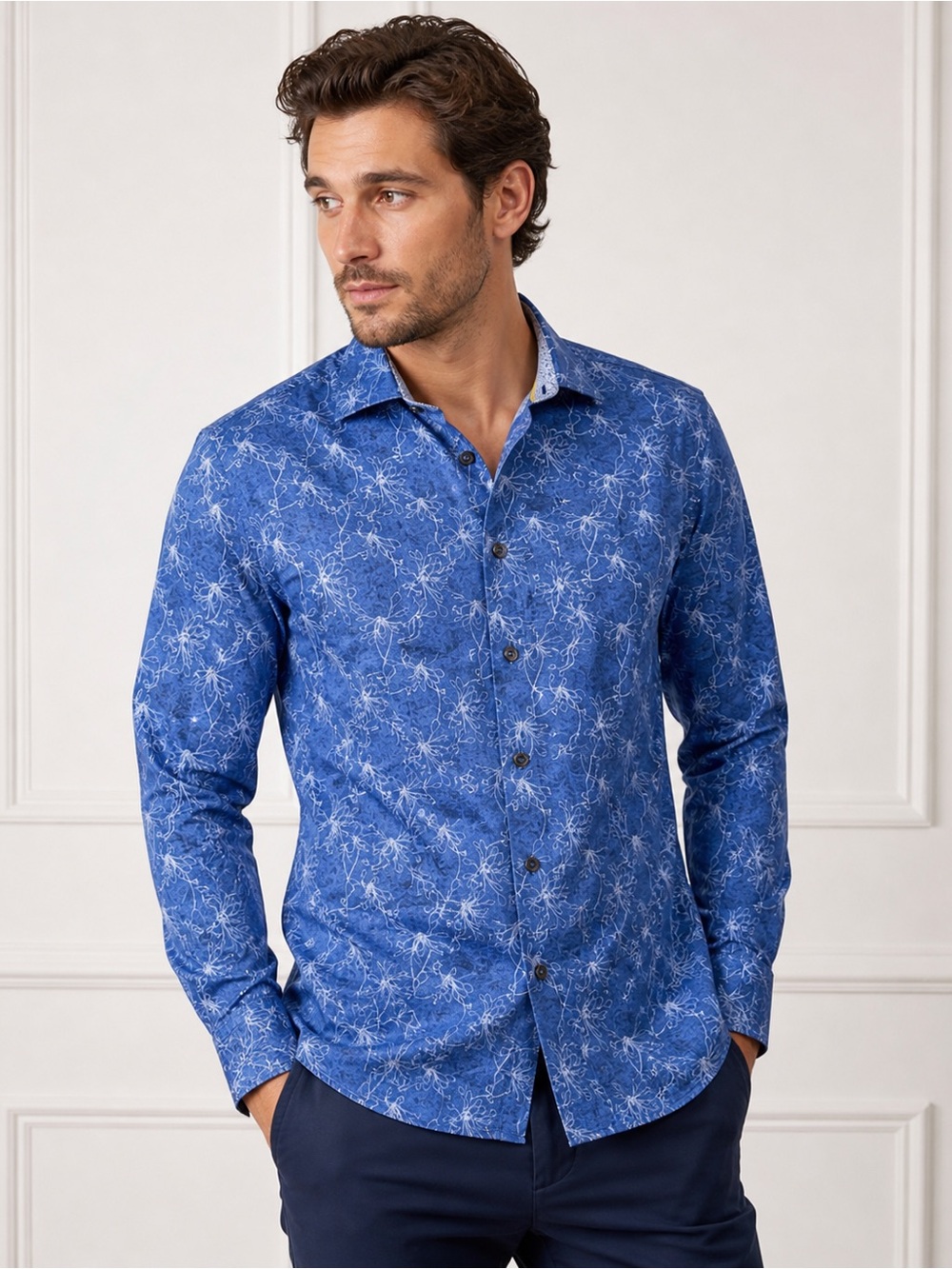 Bugatchi Navy Blue Swirl-Print Long Sleeve Button-Down Shirt